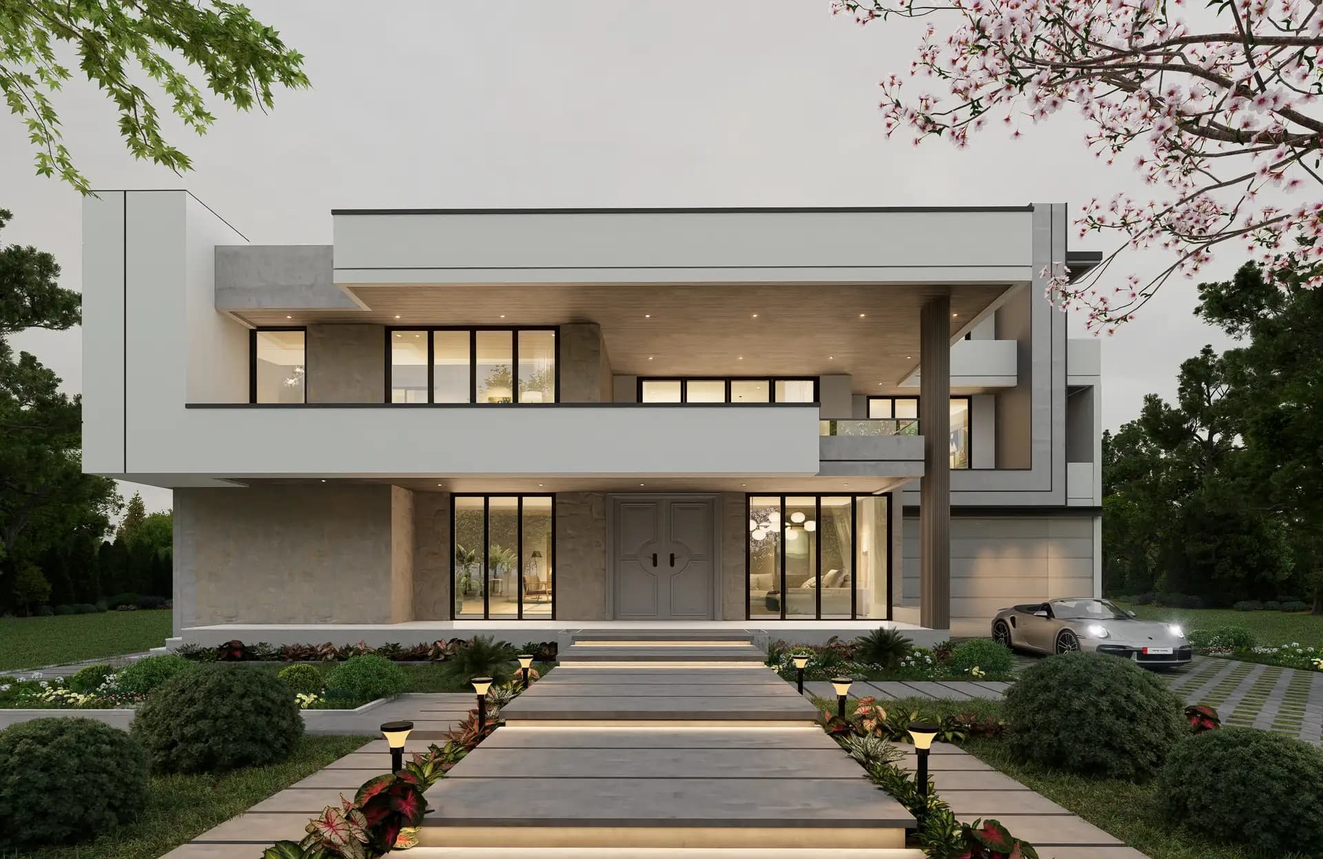 Duplex House Design | 2000 sq ft villa | House Lighting | Frontyard and backyard | Glass Doors | Front Elevation | Villa and Bungalow