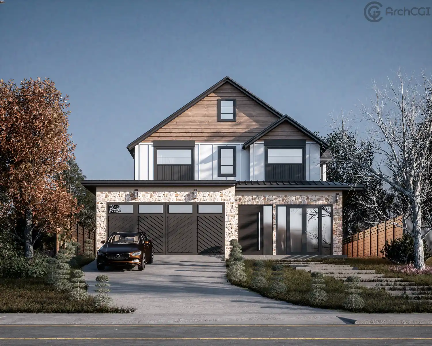 Modern white Farmhouse Design | Front elevation Design | Siding | Limestone | Wooden Planks | Metal Roof | ArchCGI