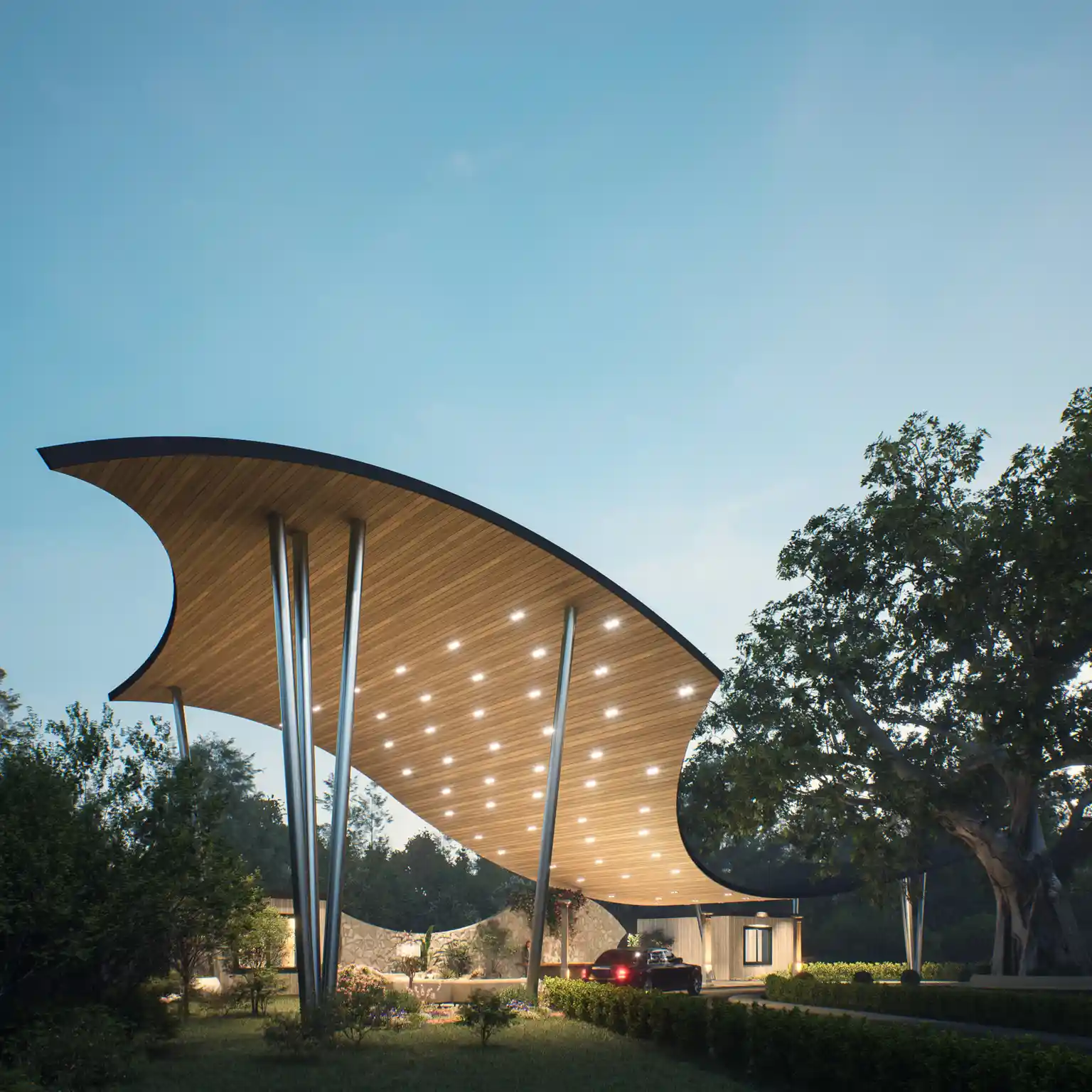 Resort Entrance Design | Curved Exterior Roof | Green Architecture | ArchCGI