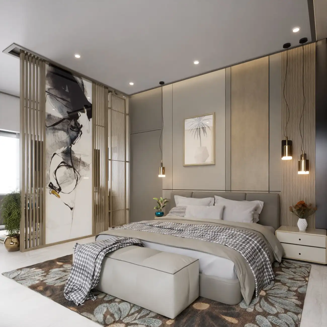 Master Bedroom Design | Metal Partition with artwork | ArchCGI