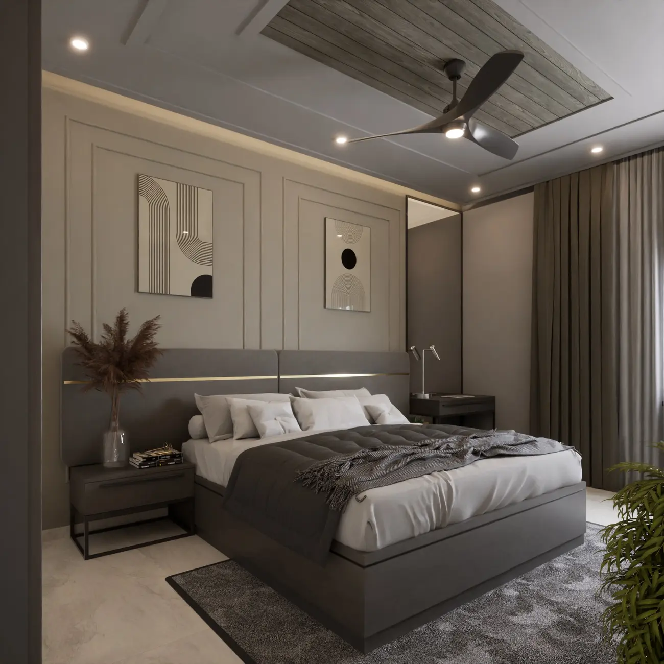 Dark Bedroom Design | Modern Moulding | Chunky Bed | ArchCGI