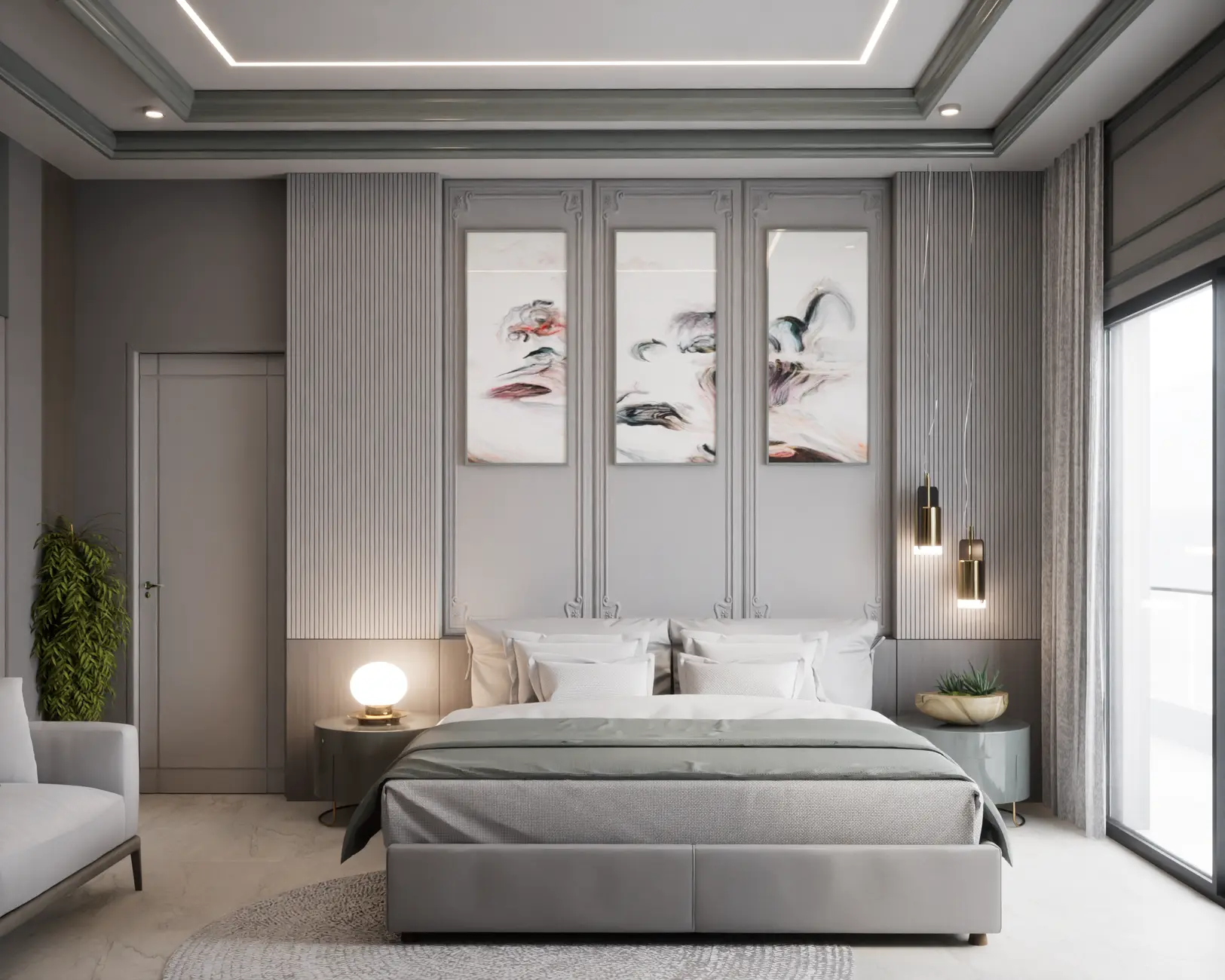 Classic Style Bedroom | Grey and Green Interior | Moulding and Louvers | ArchCGI