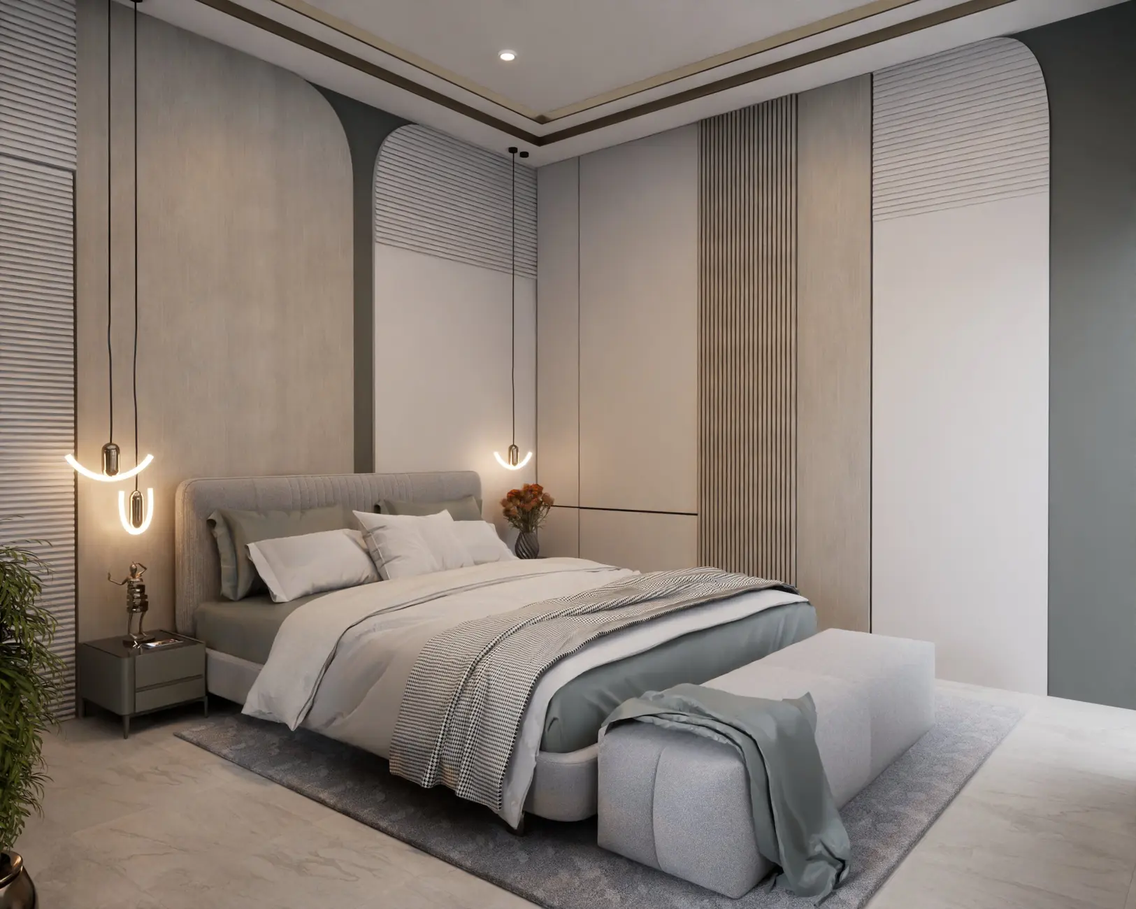 Modern Bedroom Design | Blue color Interior | Curvy Interior | Hanging light design | ArchCGI