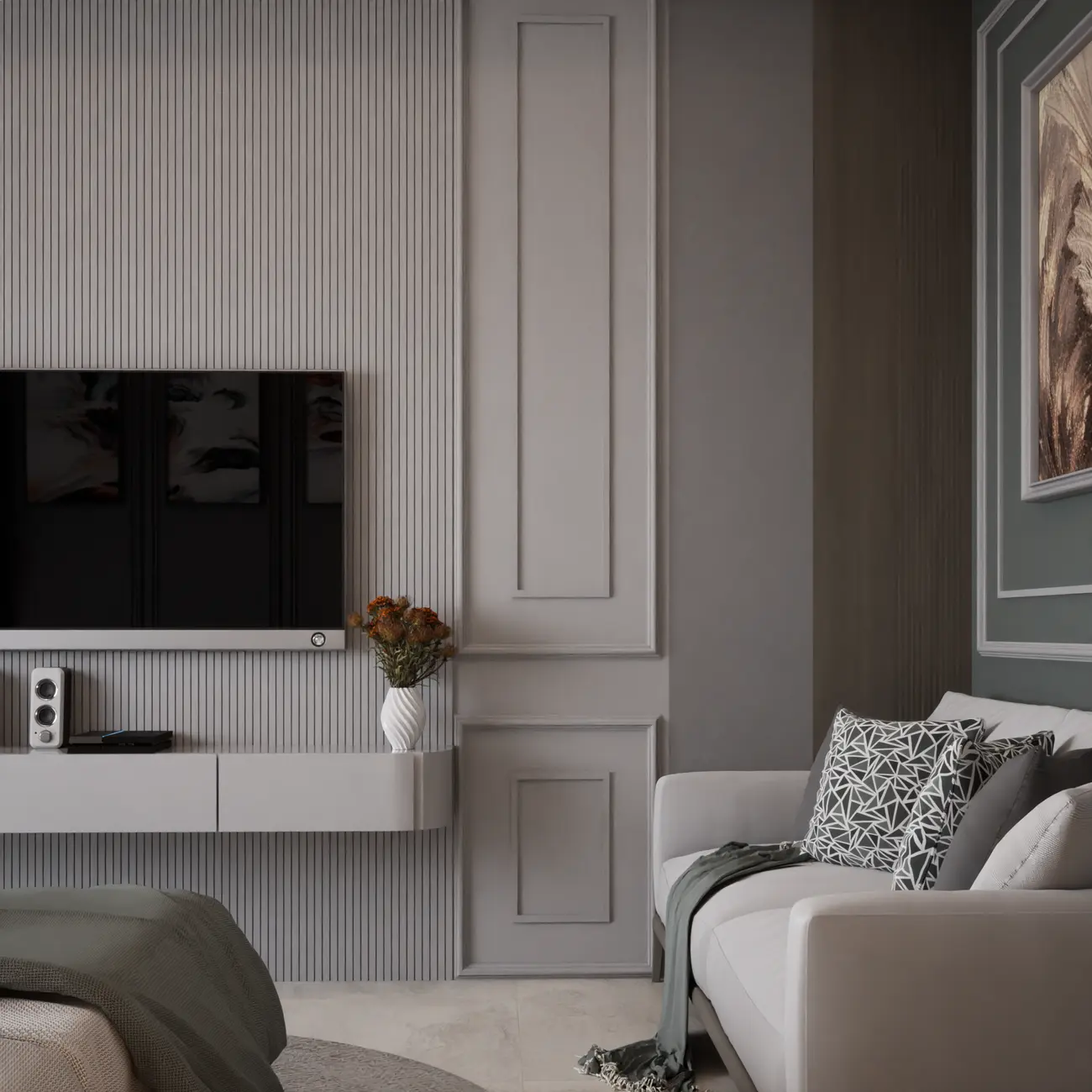 Classic Style TV Unit | Sofa | Louvers and Moulding | ArchCGI