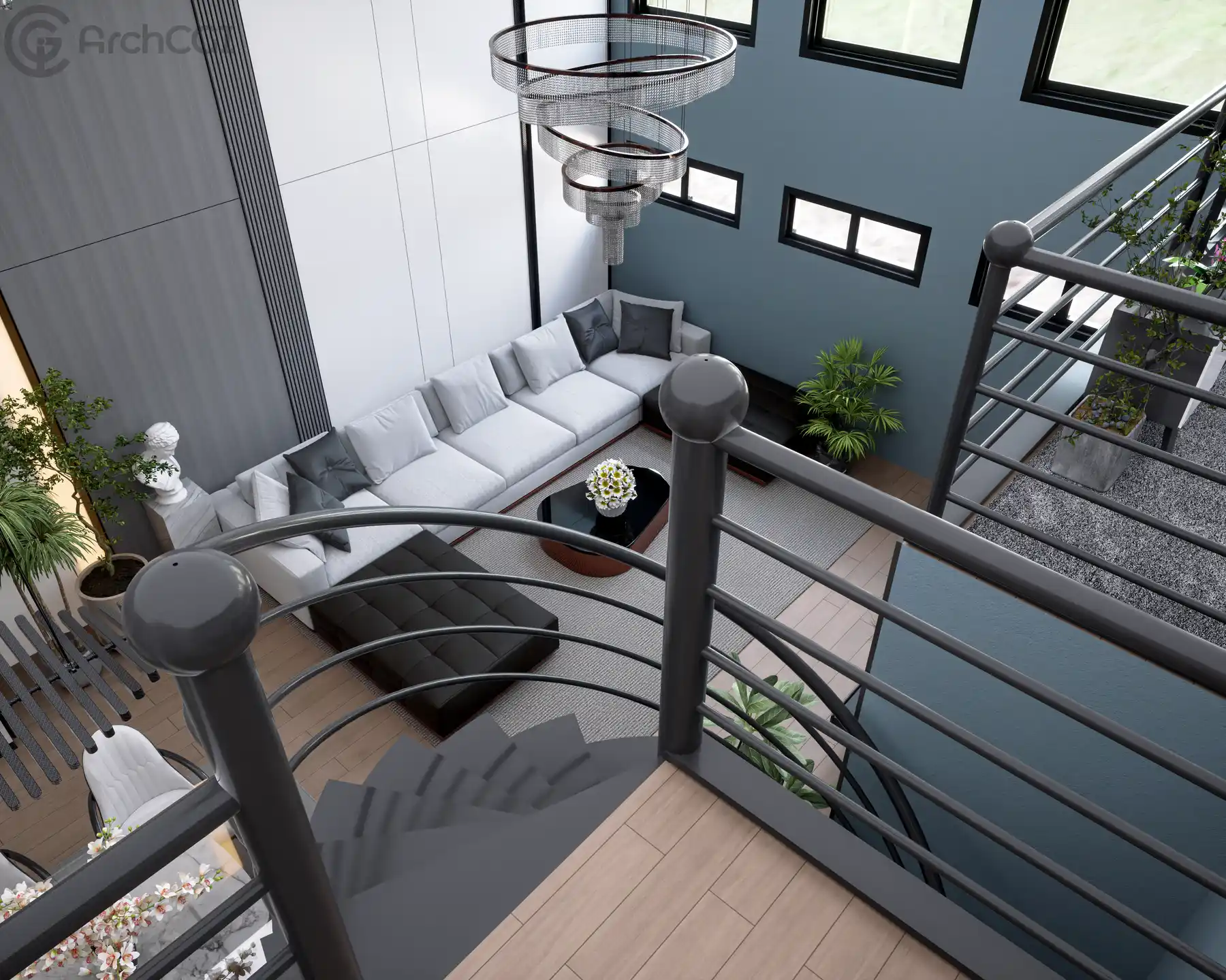 Loft Living Room view from Spiral Staircase | ArchCGI