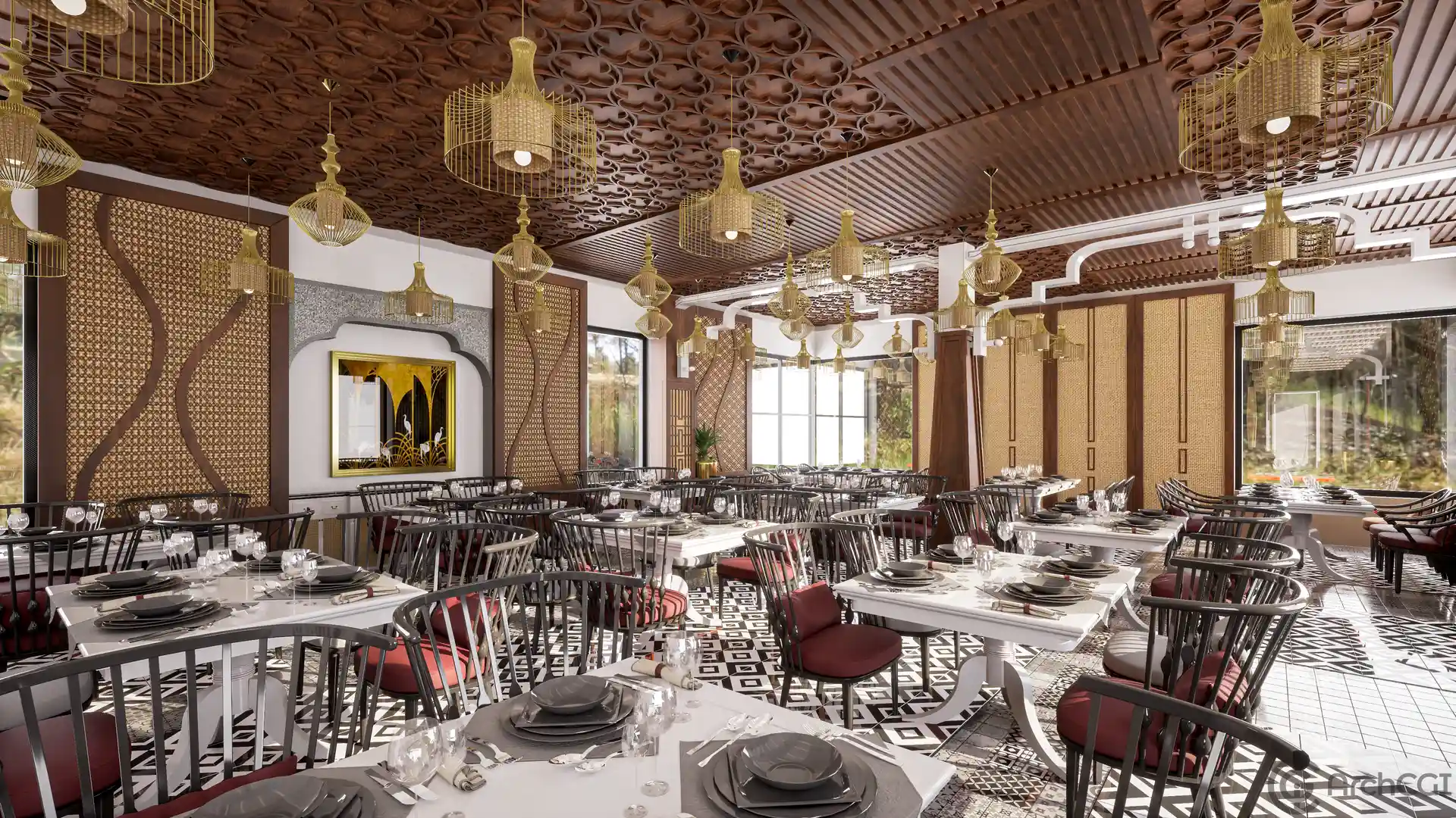 Royal Dining Hall Interior Design | Multiple Dining Tables | ArchCGI