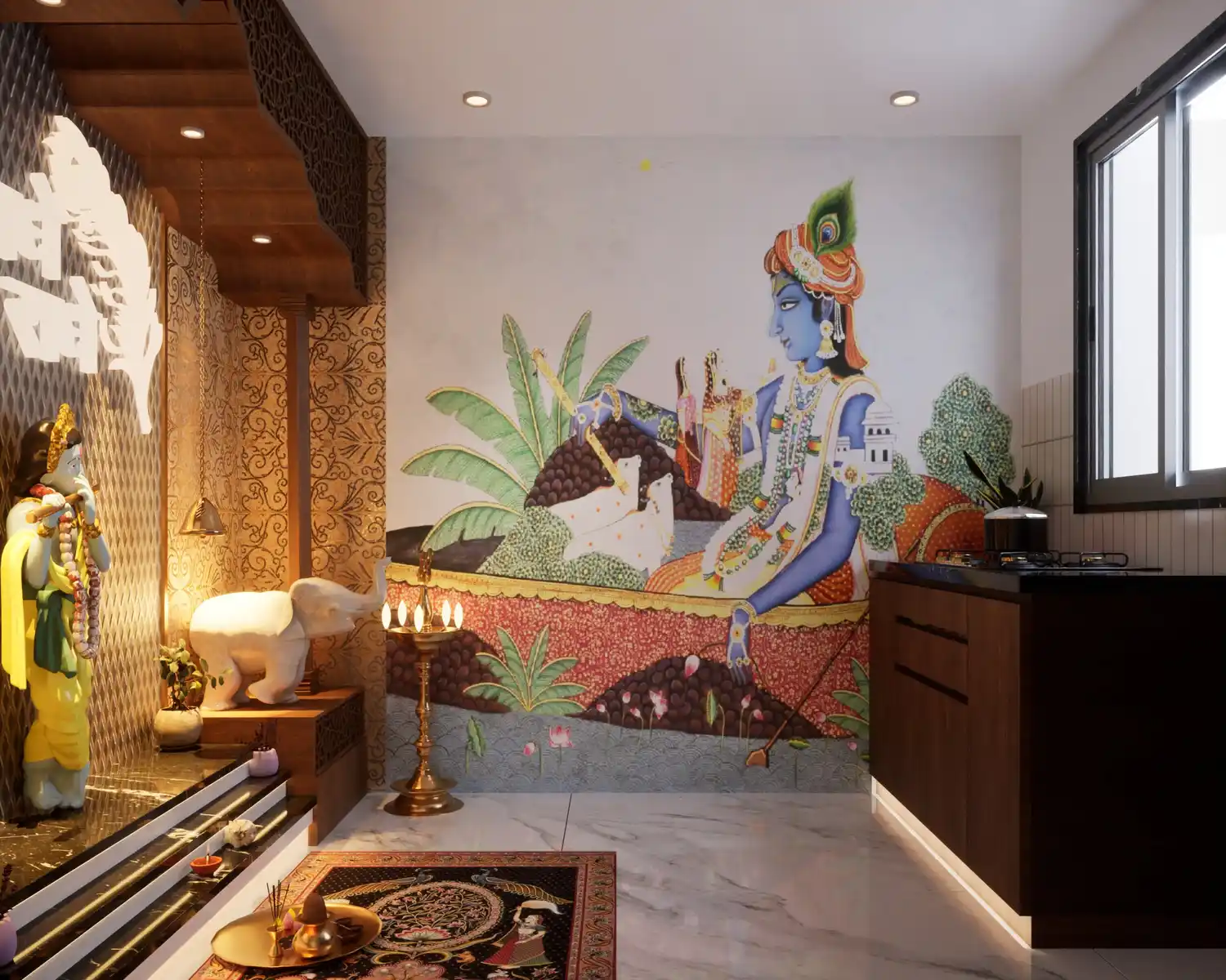 Traditional Indian style Pooja Room | Lord Krishna | Pooja design | ArchCGI